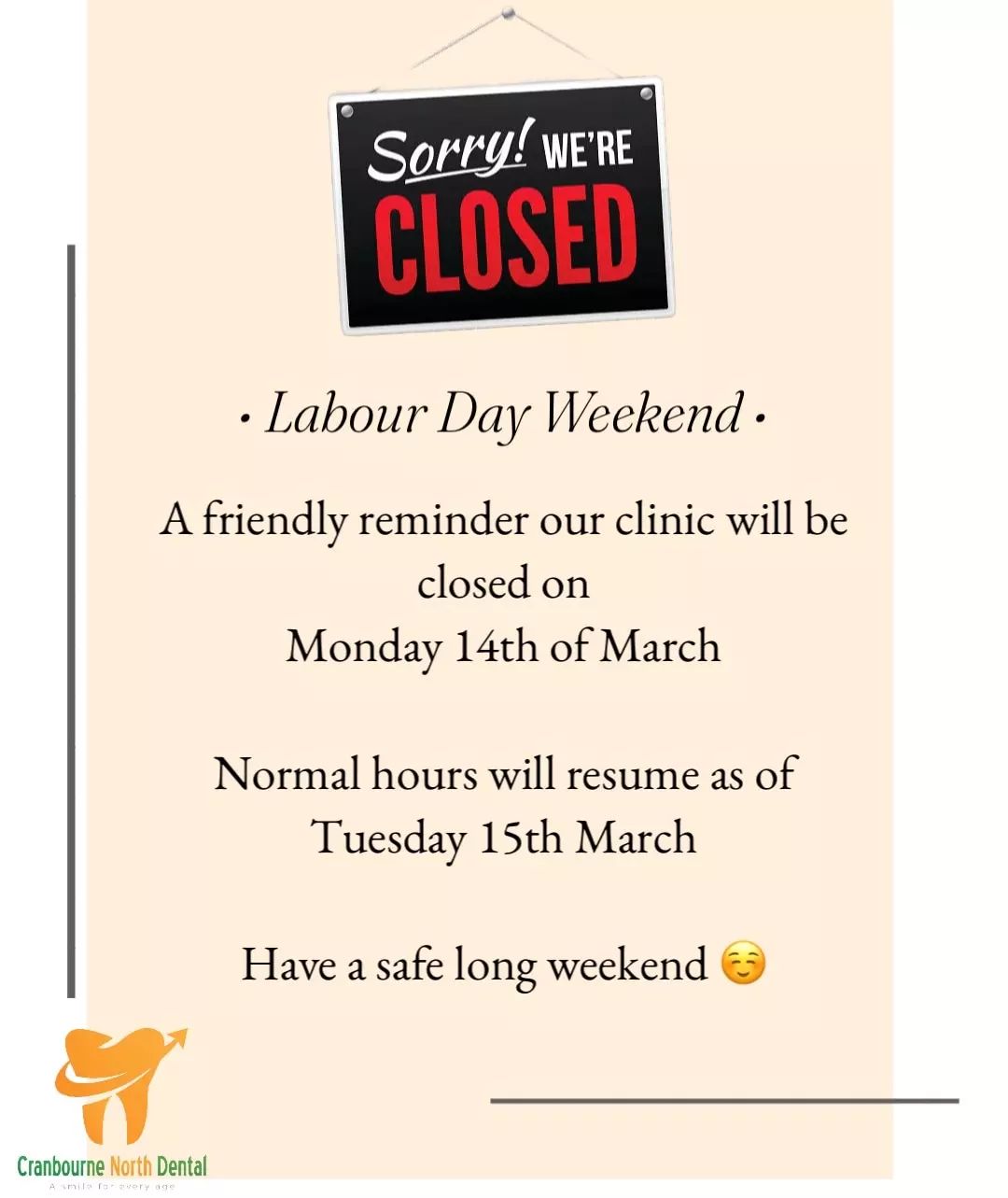 Labour day Closure Cranbourne North Dental